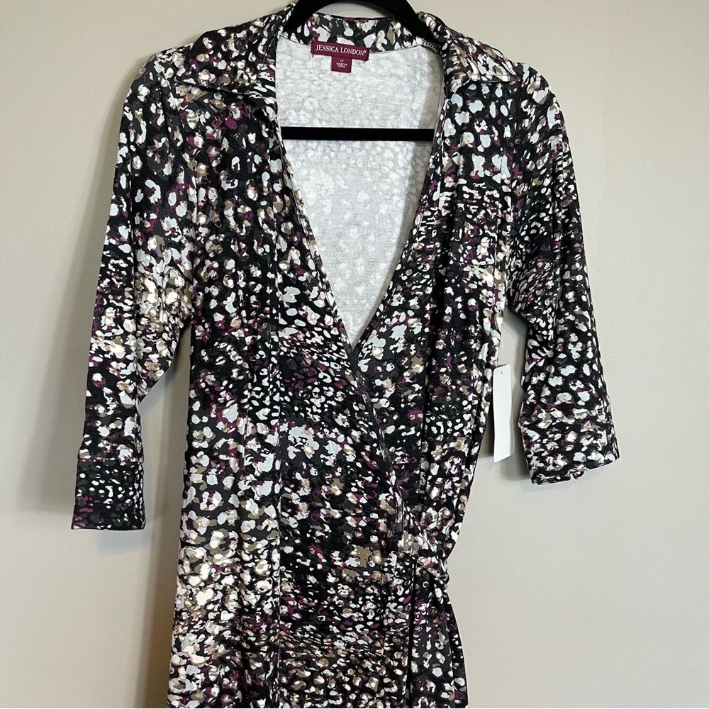 Jessica London Wrap Dress Size 12 Collared Tie Waist Abstract Colorful V Neck